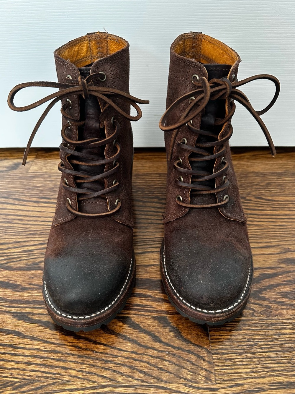 Frye Sabrina 6G Dark Brown Suede Leather Combat Lace Up Booties Heeled Sz 6.5